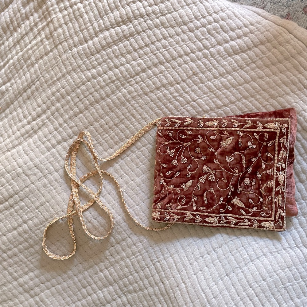 Lovely brownish mauve velvet over the shoulder embroidered bag